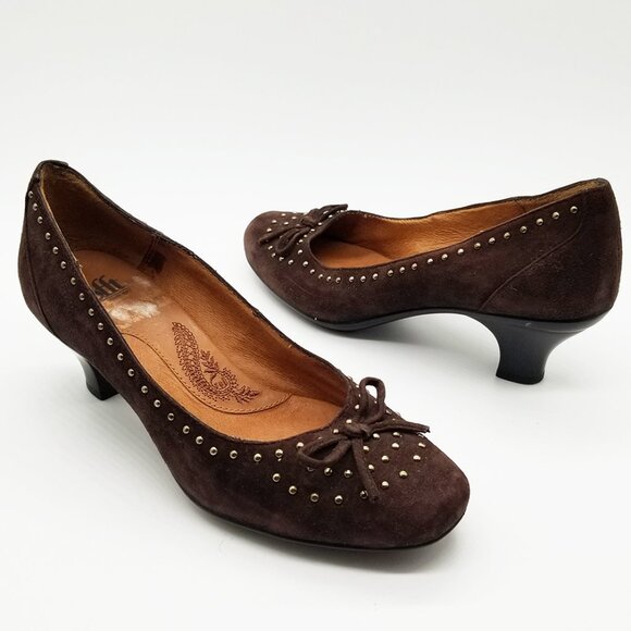 Sofft‎ Brown Suede Leather Pumps Kitten Heels Bronze Mini Stud Bow Size 6 Comfy - Picture 14 of 14